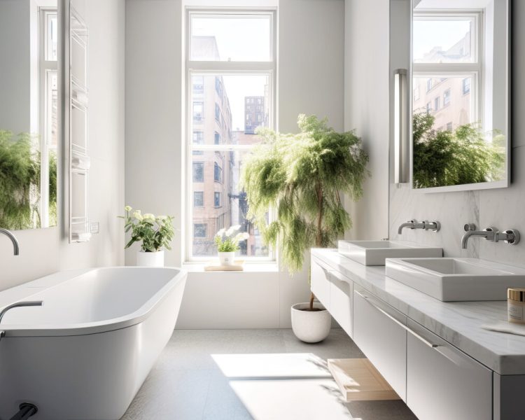 Full of sun light white minimalistic bathroom. Generative ai